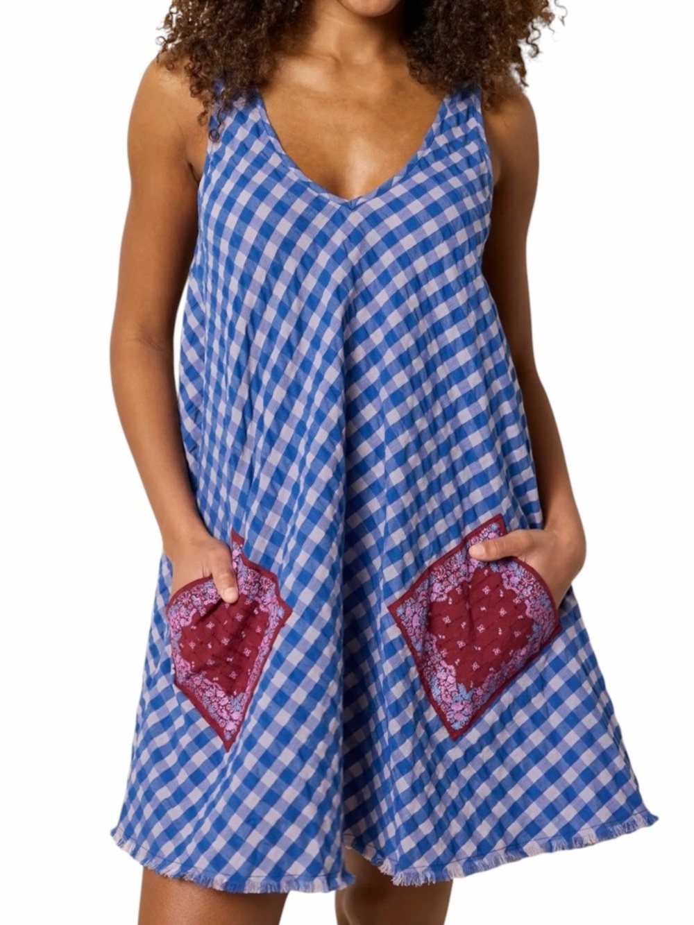 NATURAL LIFE Blue Gingham Cotton Mini Dress XS NWT Patch Pockets